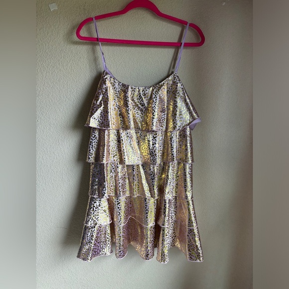 NWT SFC Lavender Gold Metallic Animal Leopard Print Ruffled Tiered Dress L - Picture 7 of 9